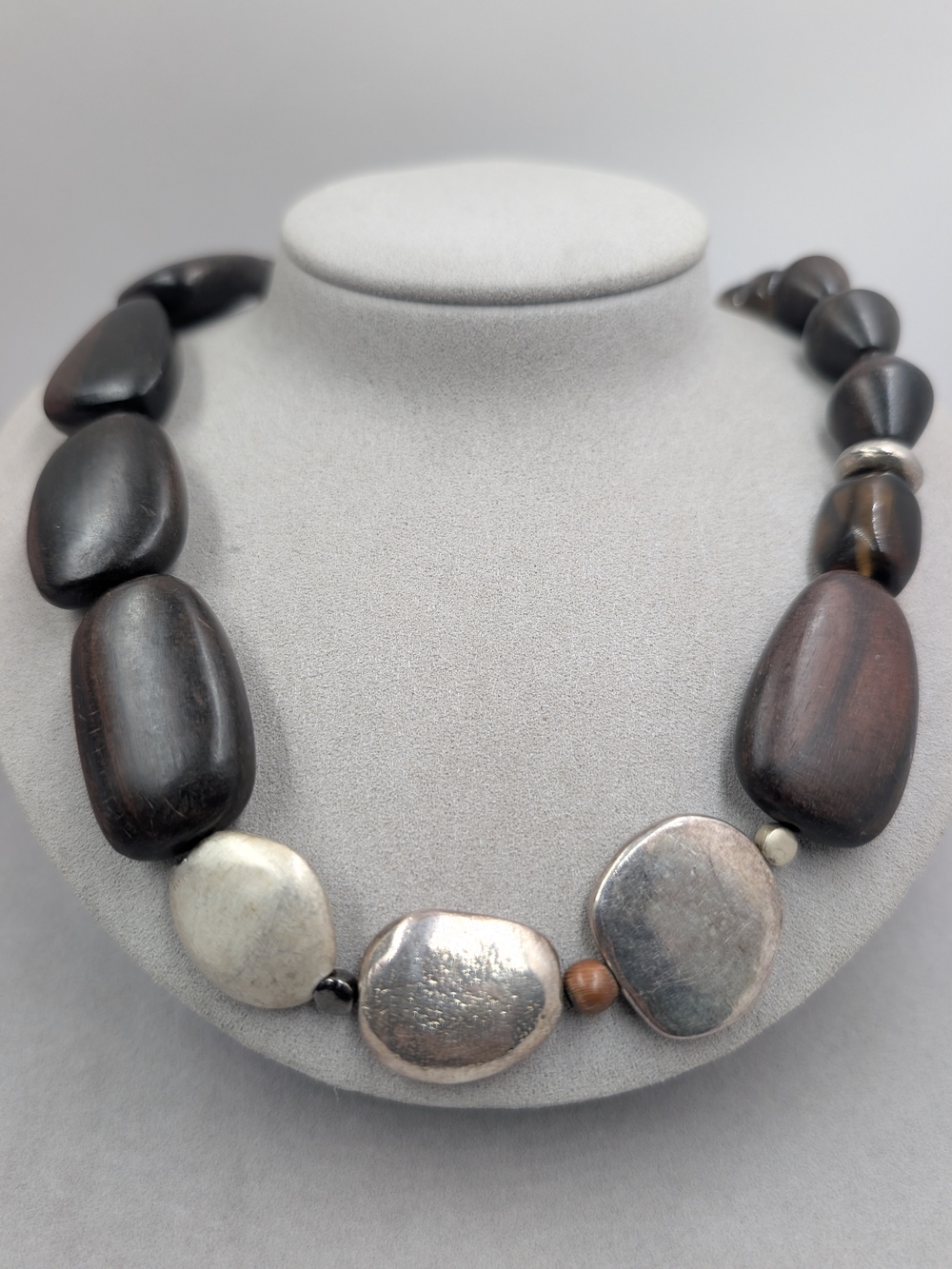 Chico’s Asymmetrical Brown Wood Silver Ivory Bead Statement Necklace | 0042